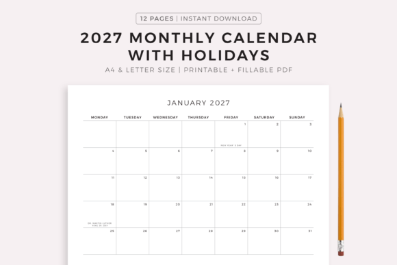 Download 2027 Monthly Calendar with Holidays - Monthly Collection