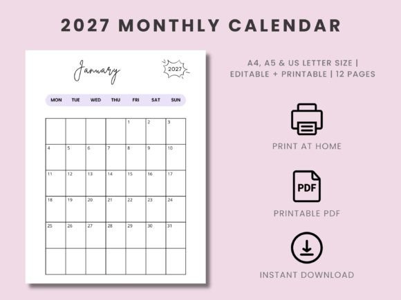 Download Printable Monthly Calendar 2027 Template - Monthly Collection