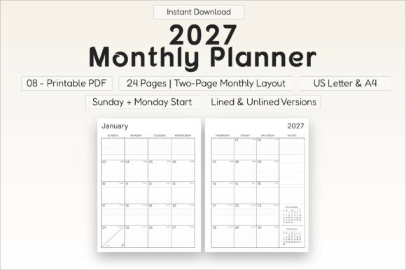 Download 2027 Monthly Planner Printable PDF - Monthly Collection