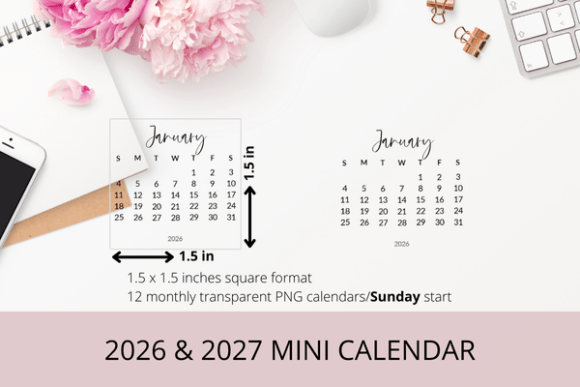 Download 2026 &amp; 2027 Monthly Mini PNG Calendar - Monthly Collection